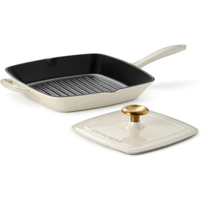 Poêle à griller en fonte émaillée avec presse-étoupe de 11 pouces, avec bouton or