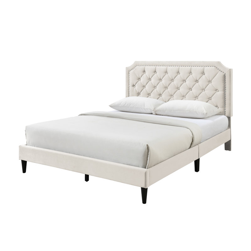 Lit plateforme tapissier à profil bas Ava, Beige, Grand