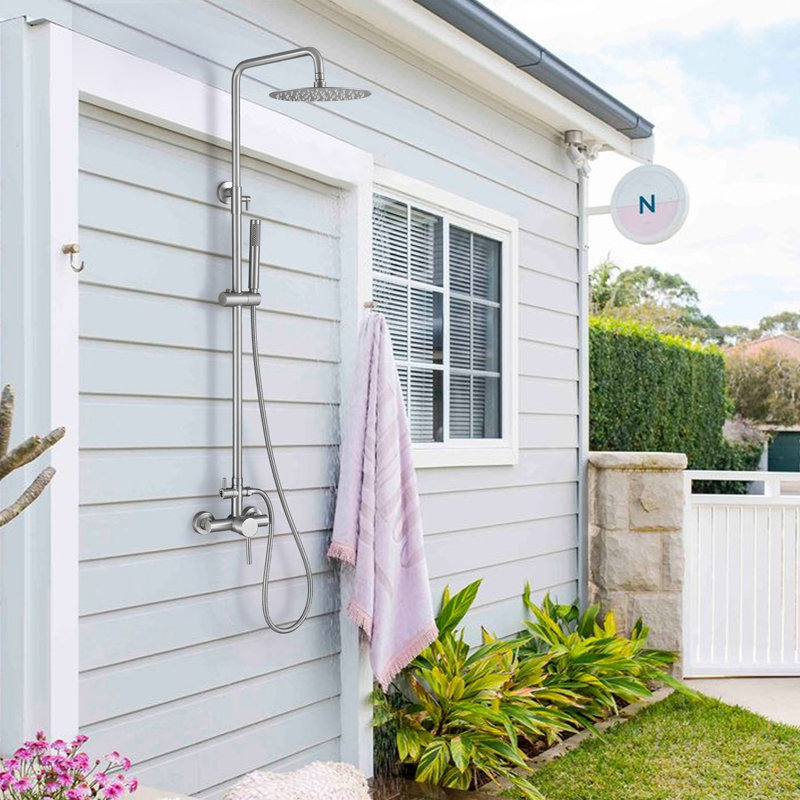 49"-65"H Wall Mounted 304 Stainless Steel Rust-free Outdoor Shower with Handheld Shower with 10-Inch Rainfall Shower Head