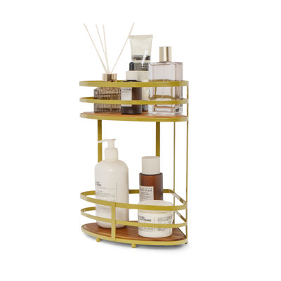 Serviteur de salle de bain de coin à 2 niveaux avec détails en bois d'acacia doré