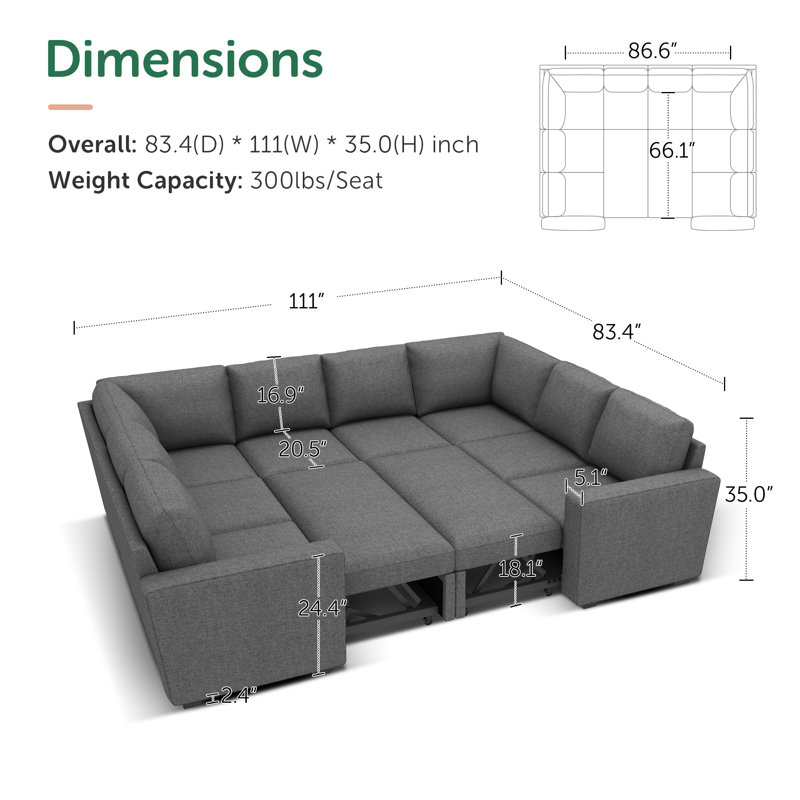 Niyona Modular Sleeper Sectional Sofa Convertible U-Shaped Sofa Bed, Gray Polyester