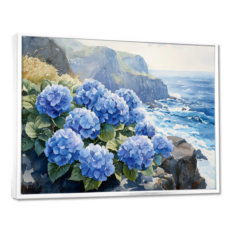 Hydrangeas By The Seaside Cliff I - Hydrangea Canvas Prints, 30" H x 40" W, Floater Framed Print, White