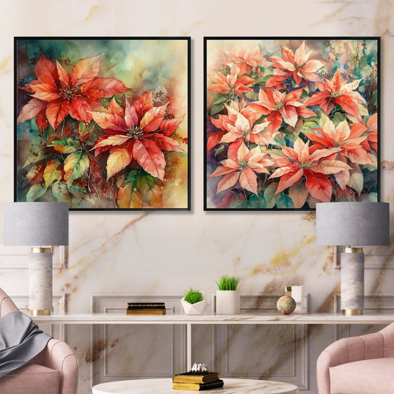 Poinsettias rouges en fleurs - ensemble de 2 collages floraux carrés, Cadre flottant noir, H 36 po x l 73 po