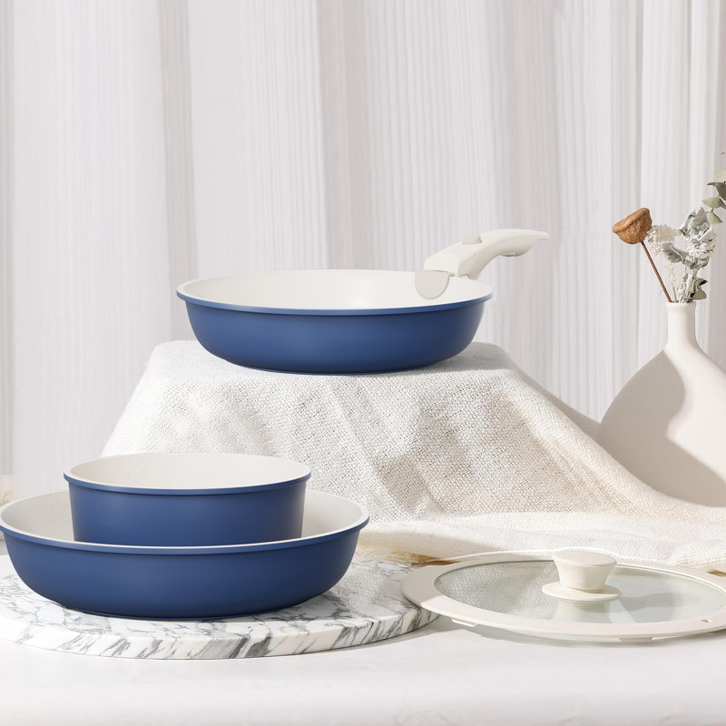 Batterie de cuisine antiadhésive à 12 poignées détachables, Bleu