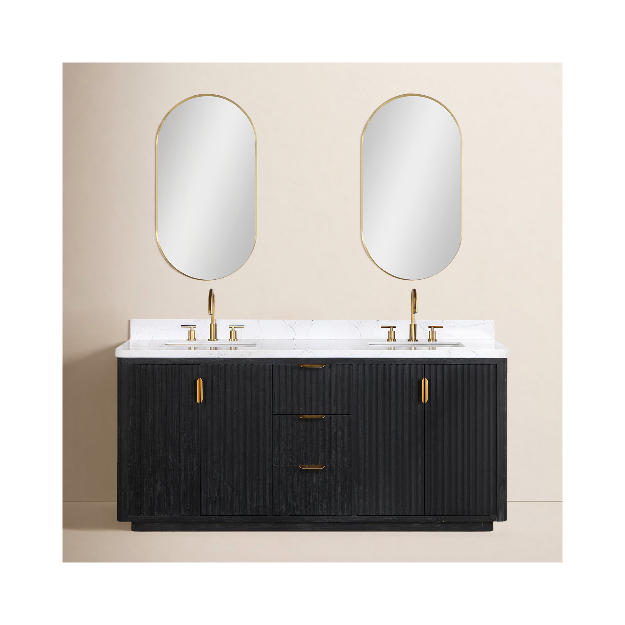 Adela 72'' Double Bathroom Vanity, Black, Gold, White