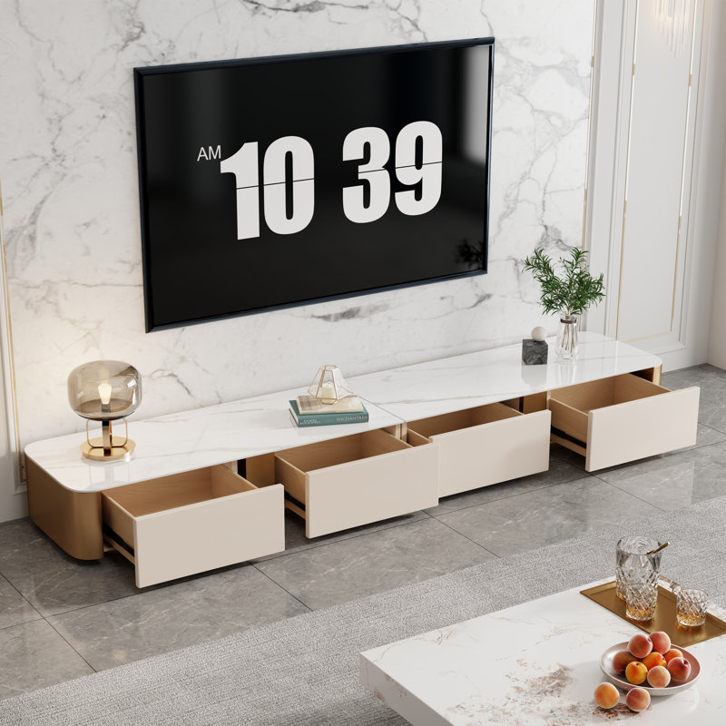 94.49" Modern TV Stands, Glossy Sintered Stone Countertop TV Storage Cabinet, 6 Drawers(No Assembly Needed), 94.49"