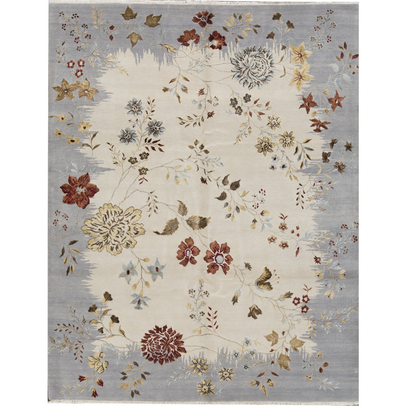 Tapis ivoire et gris noué à la main de haute qualité