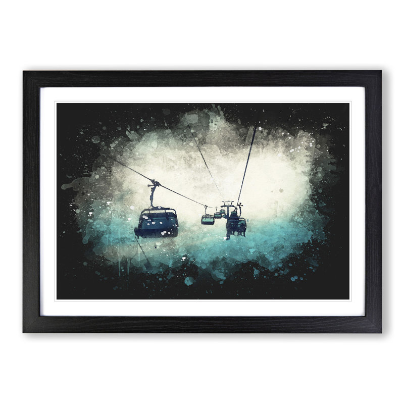 Ski Lift - Single Picture Frame Print on Wood, 65cm H x 90cm W x 2cm D, Black Framed