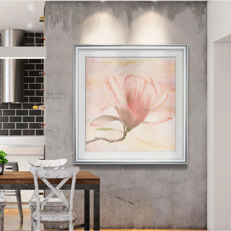 « rêvey magnolia i », peinture, H 16 po x l 16 po x P 2 po, Cadre argenté