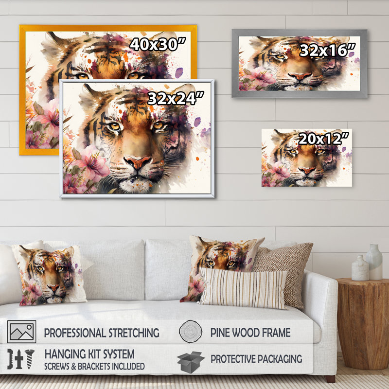 Portrait de tigre avec fleurs I - reproduction sur toile, H 30 po x l 40 po x P 1,5 po, Toile avec cadre flottant noir