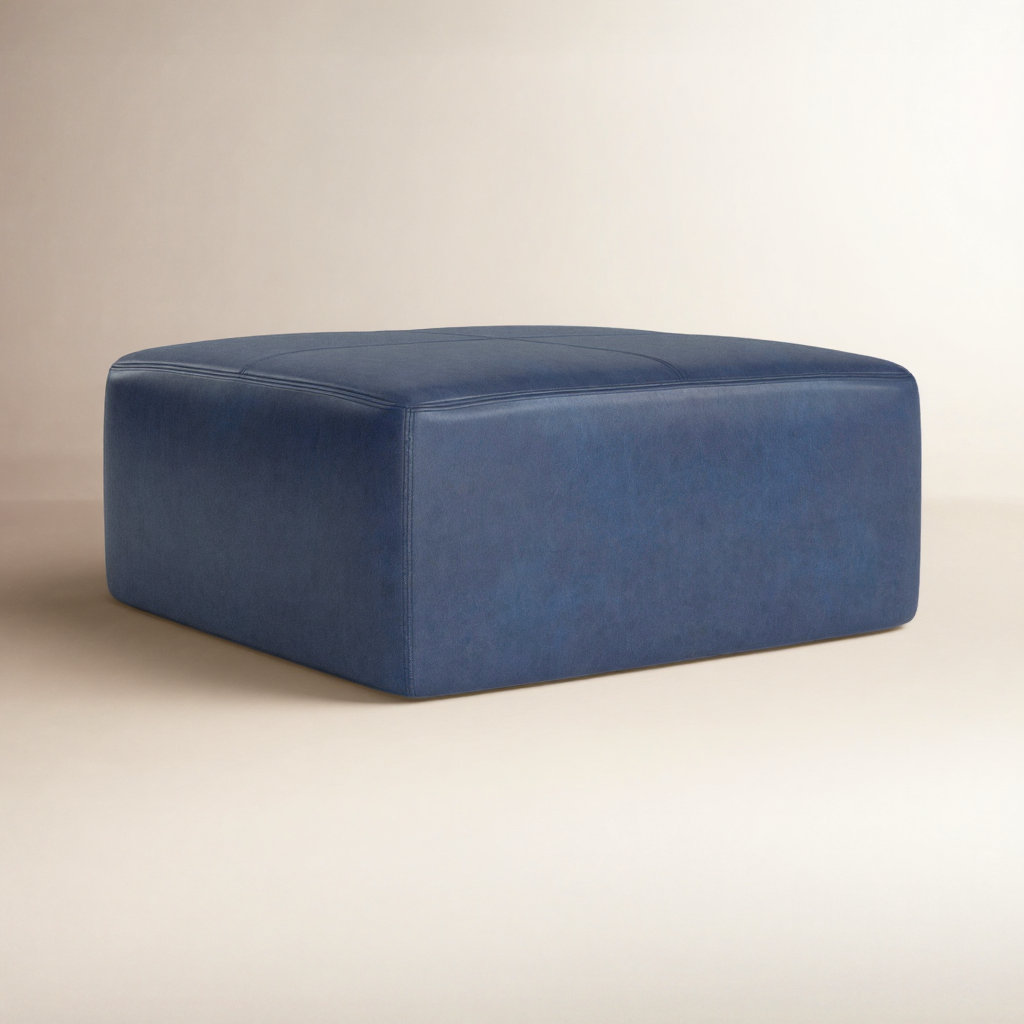 Heafield 35" Genuine Leather Ottoman, Midnight Blue Genuine Leather