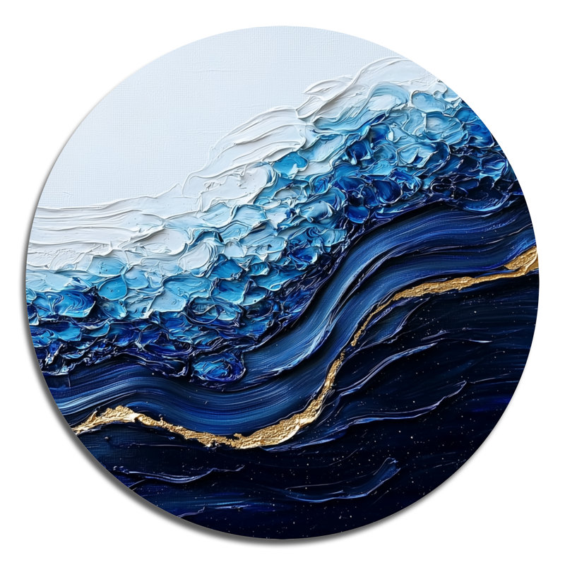 Abstrait aqua abstrait de l'inconnu - Art mural rond abstrait en métal, H 29 po x l 29 po