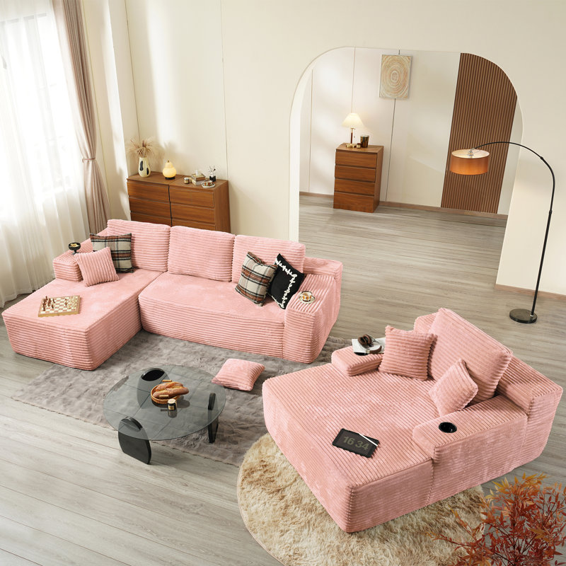 Canapé modulaire en velours côtelé avec causeuse et méridienne 3 pièces sans assemblage Seren, Orienté à gauche (vu de face)