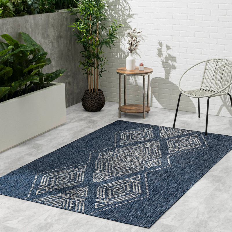Tapis d'extérieur - Imperméable, facile à nettoyer, résistant aux taches - Patio, porche marocain, Ariana, bleu
