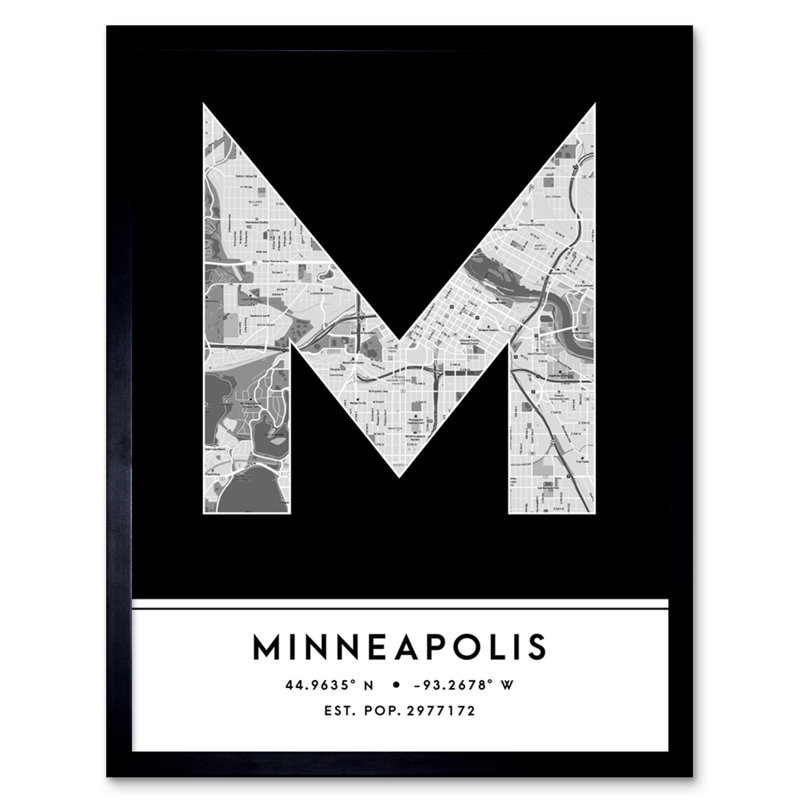 Minneapolis City Map Minneapolis Black & White 1 Piece Single Picture Frame Wall Art