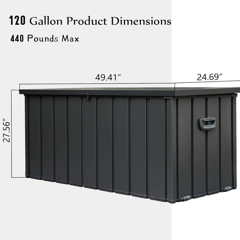 120 Gallon Lockable Patio Deck Box - Waterproof Outdoor Storage For Cushions, Tools  Dark Gray Waterproof, Lockable, Holds Garden Tools, Cushions