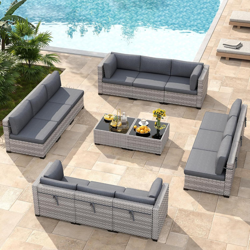  12 - Person Outdoor Wicker Patio Conversation Furniture Set with Cushions, Black