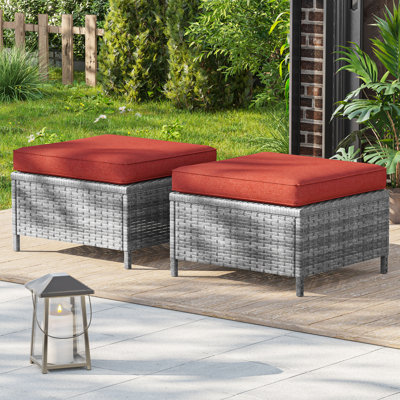 2 Piece Rattan Patio Ottoman with All Weather Wicker