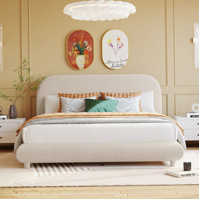 Upholstered Platform Bed, Solid Frame and Stylish Curve-shaped Design
