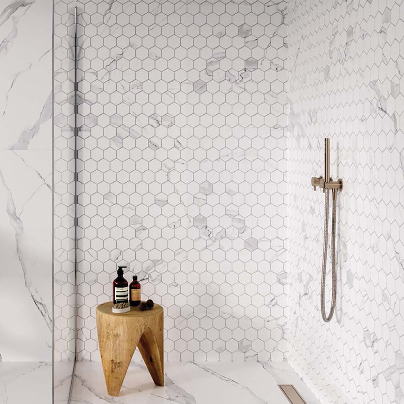 Calacatta 12" x 12" Porcelain Honeycomb Mosaic Wall & Floor Tile
