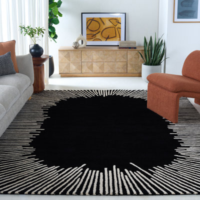 Tapis noir / ivoire en laine / coton touffeté à la main Jarie