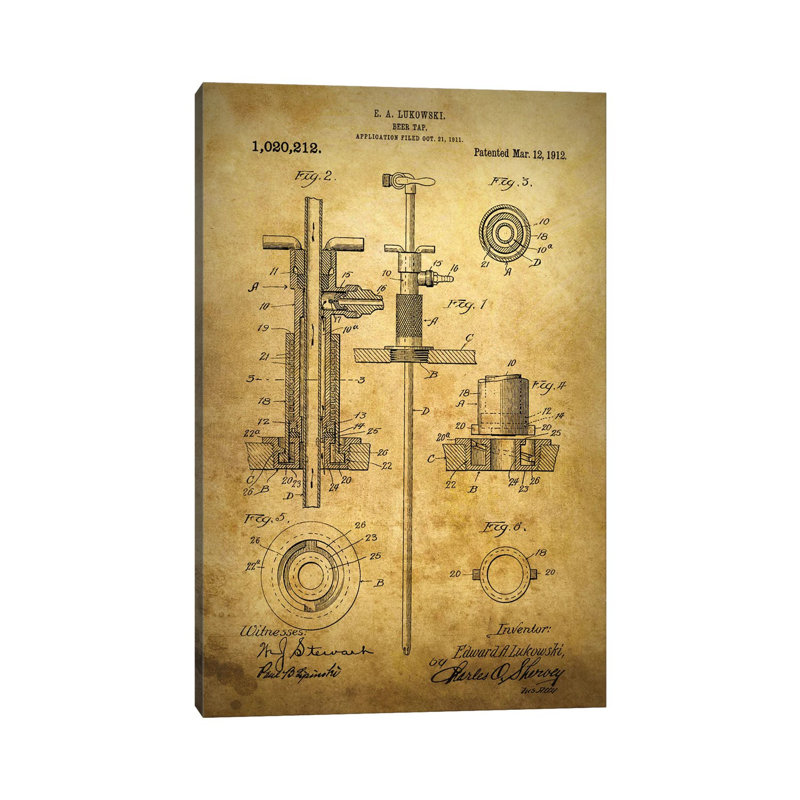 Beer Tap 1912 by Dan Sproul - Wrapped Canvas Print, 30.48cm H x 30.48cm W