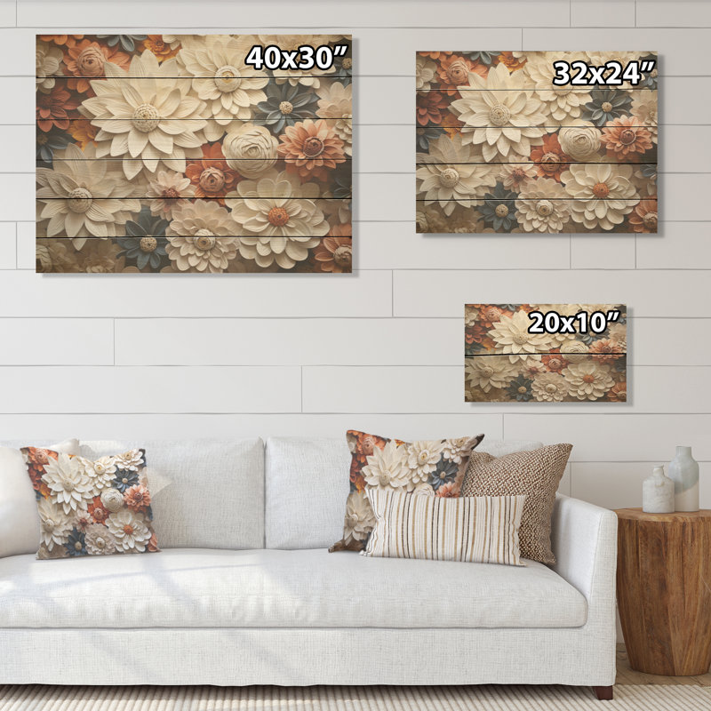 Minimalisme beige, Zinnias, collage, panneau de bois Zinnias, art mural sur bois de pin naturel, H 30 po x l 40 po
