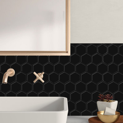 Peel and Stick Mosaic Tile Black Hexagon Gel Backsplash 12'' W x 12'' L