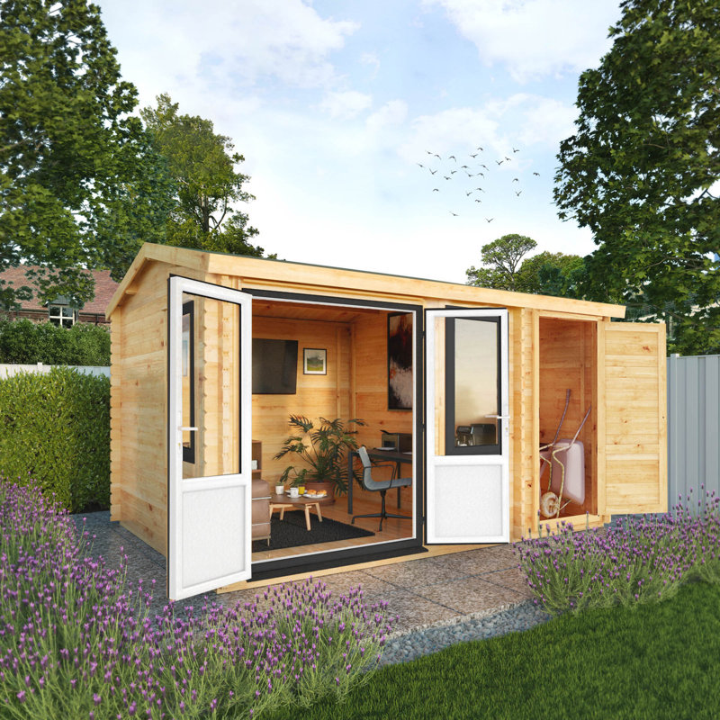 13ft x 10ft Home Office Elite Log Cabin With Side Shed UPVC Windows & Doors (44mm), Grey/Natural Timber