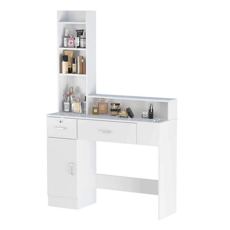 Hervey Salon Barber Station, Hair Styling Station with 2 Drawers, Storage Cabinet, 4 Shelves, Hair Dryer Holes, White