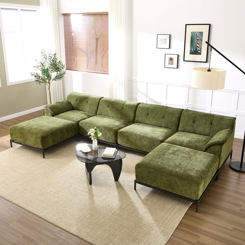 Canapé modulaire en chenille en U avec repose-pieds pour le salon, Chenille verte