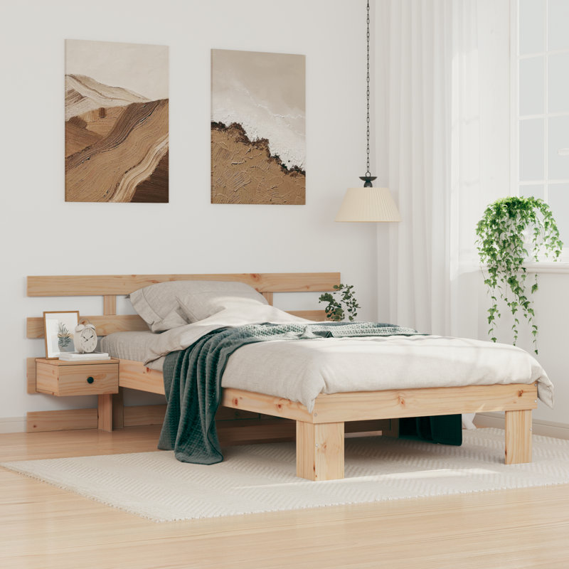 With Drawer With Headboard Solid Pine Wood, Wax Brown, European Single (90 x 200 cm)