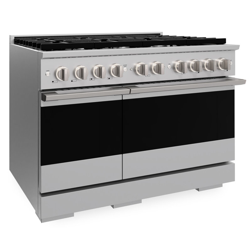 ZLINE 48 in. 6.7 cu. ft. Marino Dual Fuel Range with 8 Brass Gas Burners in Satin Stainless Steel, Dual Fuel, Stainless Steel