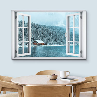 Fenêtre, paysage, fenêtre, vue, pin enneigé, forêt, hiver, lac, fêtes, vacances, nature, images, paysage