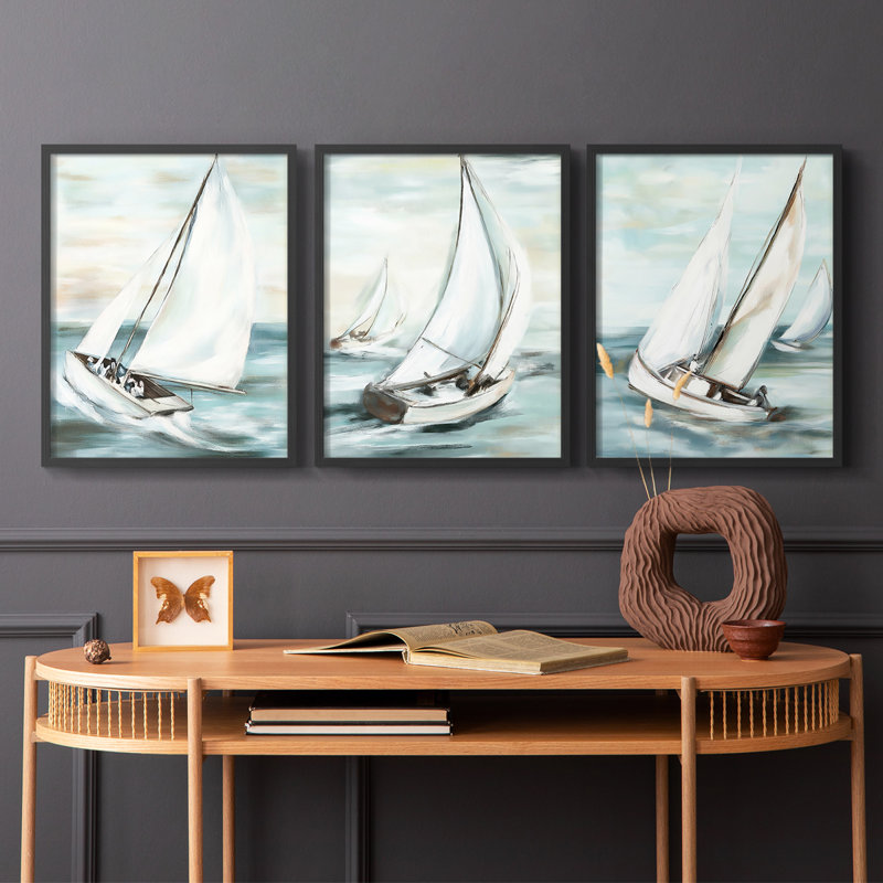 Série Sea and Shore IV - Ensemble de 3 estampes numériques - Prêt à accrocher, Cadre noir, H 14 po x l 11 po