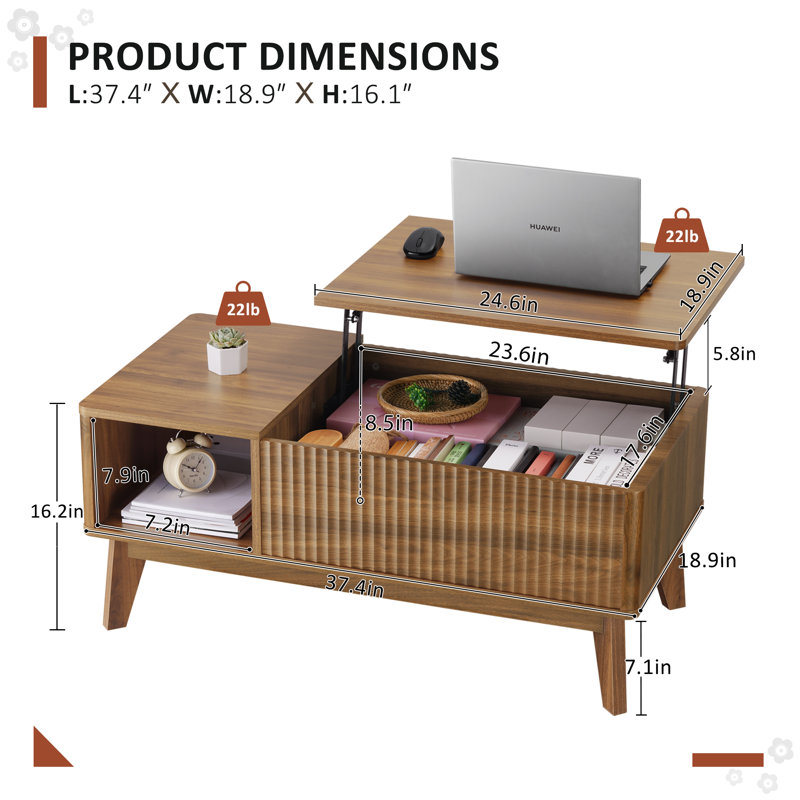 Rhythm Lift Top Coffee Table with Storage, Living Room Table, Wood Modern Square Coffee Table, Fluted Design, 16.22'' H X 37.4'' W X 18.9'' D, Walnut