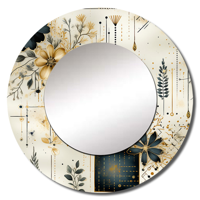 Fleurs géométriques grises et beiges Roel - miroir décoratif floral, grand miroir mural rond, impression sur métal