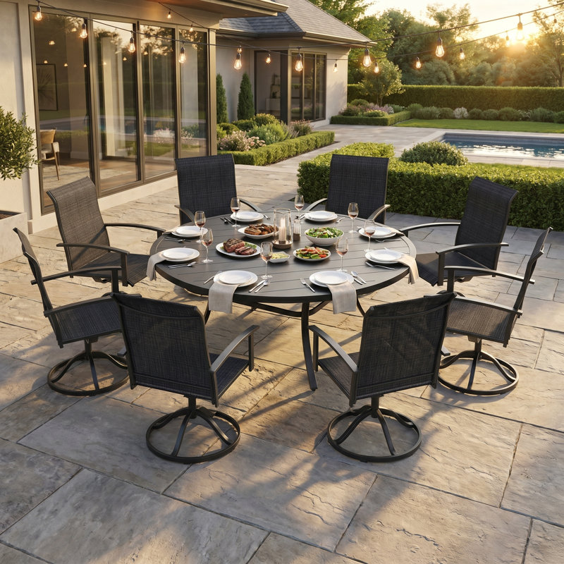 8-Person Patio Dining Set With Swivel Chairs, Black/Charcoal