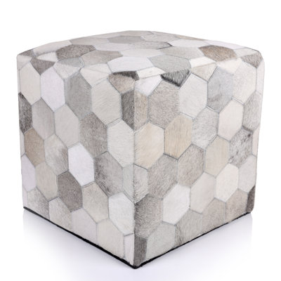 Handmade Hexagon Patchwork Cowhide Leather Ottoman Pouf 18X18 Neutral