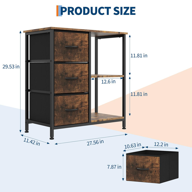 Classeur 3 tiroirs avec 2 tablettes de rangement ouvertes pour le bureau personnel, Walnut