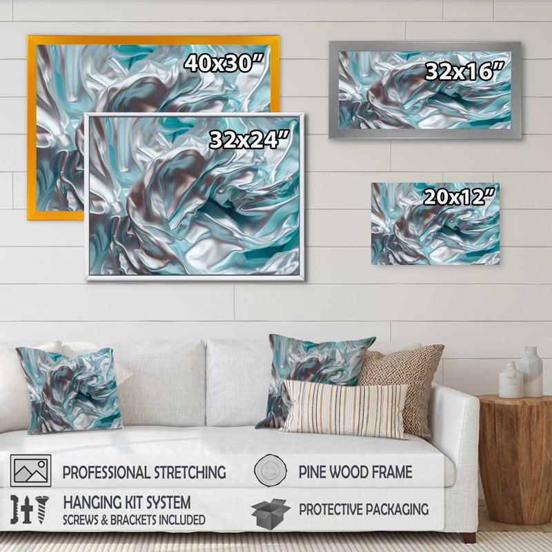 «Silver Blue Dancing Colors», impression sur toile de marbre abstrait, Cadre flottant doré, H 34 po x l 44 po x P 1,5 po