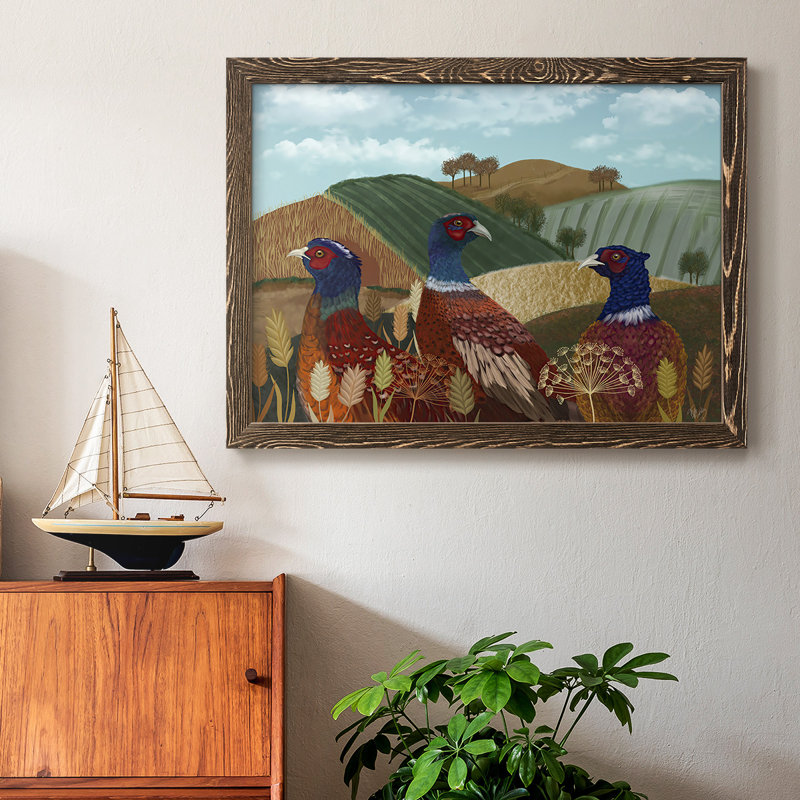 «Pheasant Trio In Field», reproduction d'art sur toile, H 28 po x l 42 po x P 1,5 po, Noyer