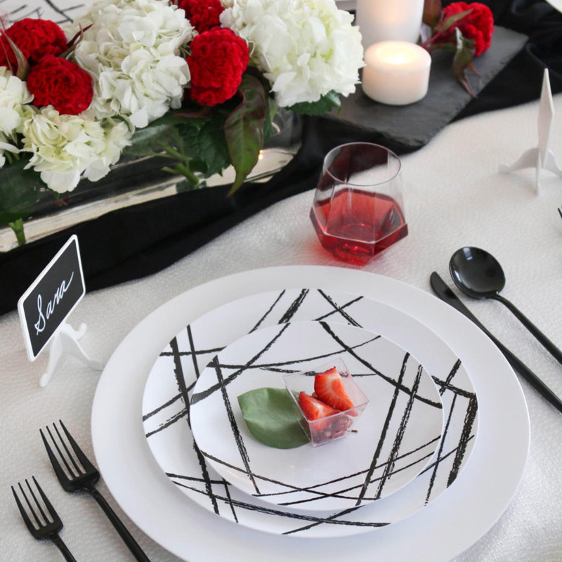 Ensemble de vaisselle de table jetable Ecoqualité pour 10 personnes, Blanc / noir, 60