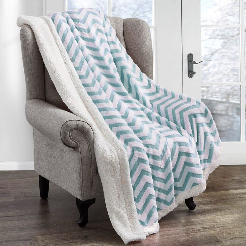 Aayanah Chunky Sherpa Backed Jacquard Chevron Throw Blanket, W150 x L200cm, Duck Egg