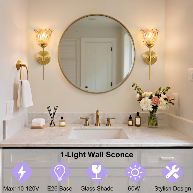 Tulip Petal Glass Wall Sconce Gold Finish, Amber Shade For Bedroom, Bathroom & Living Room, Orange/Clear