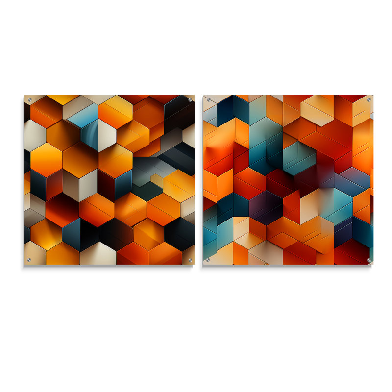 Carreaux chromatiques - Ensemble de 2 verres muraux géométriques abstraits en acrylique, H 36 po x l 73 po