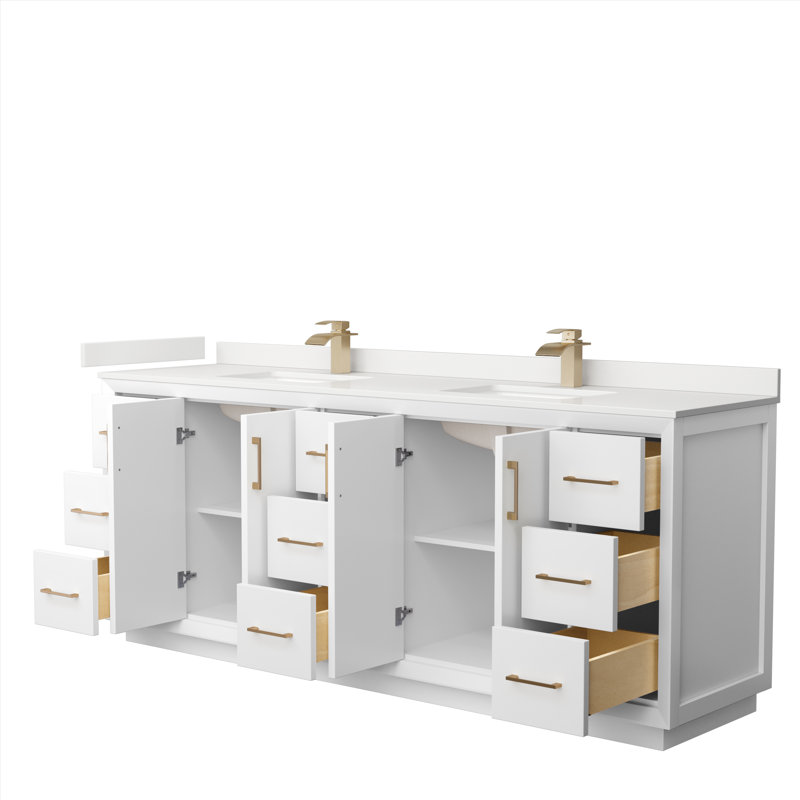 Meuble-lavabo double avec plateau Strada 84, Quartz Giotto, Blanc, Noir mat