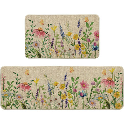 Flowers Lavender Daisy Kitchen Mats - Multi - Set Of 2 Low-Profile Floor Rugs,  Spring Summer Home Decor
