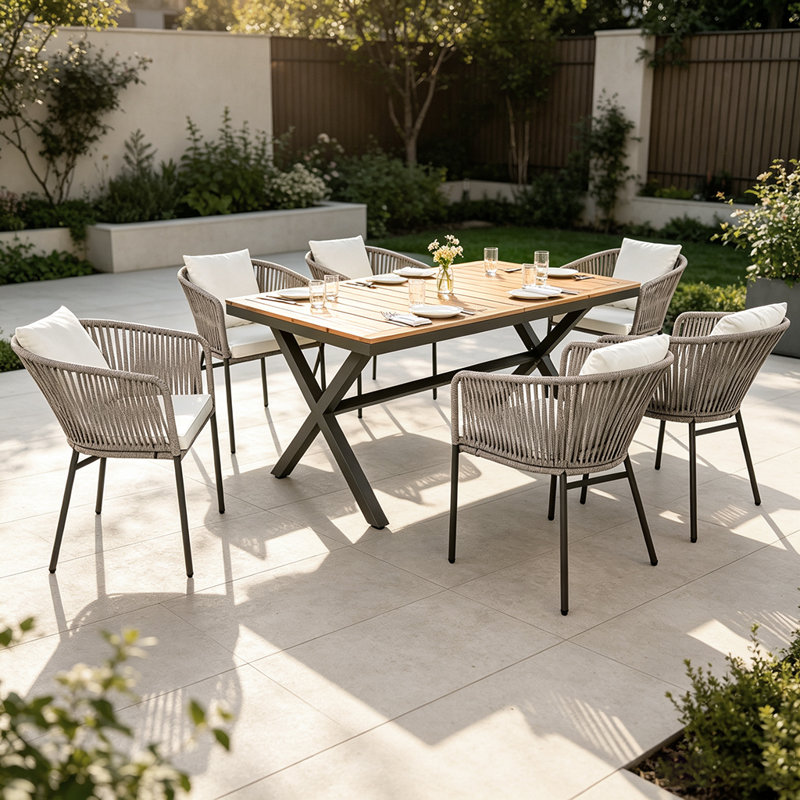 Ensemble de salle à manger rectangulaire pour 6 personnes, plateau de table en bois d'acacia, structure en métal, Beige