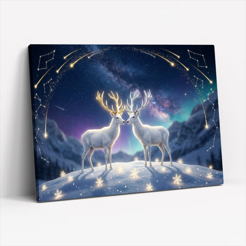 Ensemble de 1 tableau sur toile tendue représentant un cerf blanc sous un ciel étoilé, H 12 po x l 18 po, Cadre photo unique